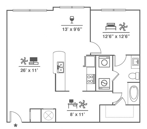 Floor plan for 1 bed, 1 bath, 1069 sqft